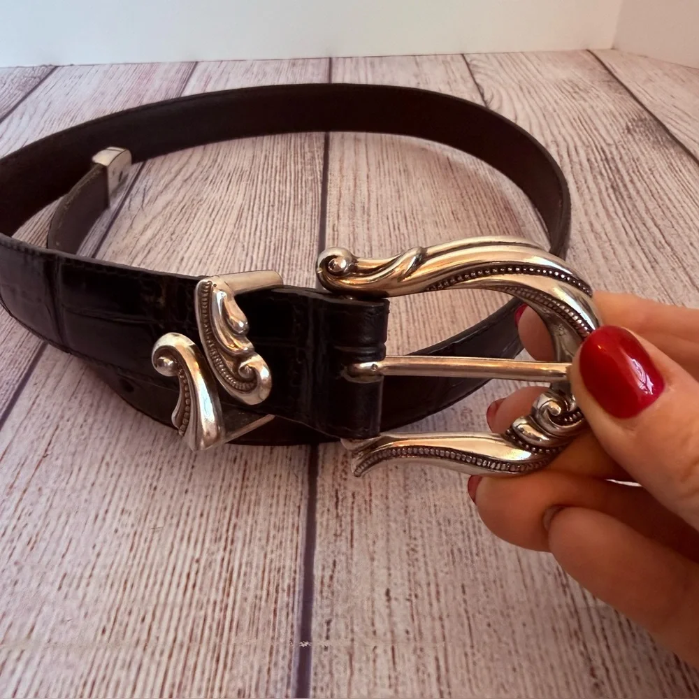 BRIGHTON Black Leather Silver Buckle Belt Medium